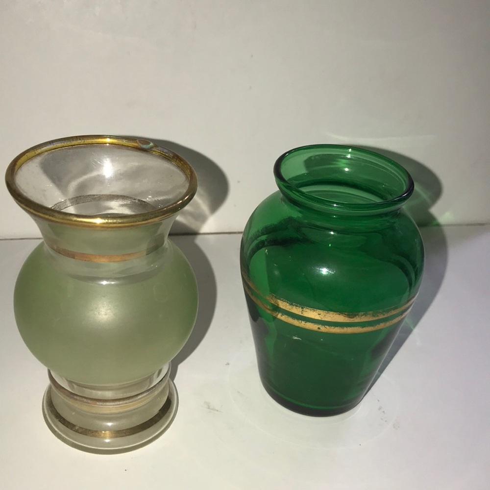Vintage glass green vases. Bartlett Collins Two small vases with detail.